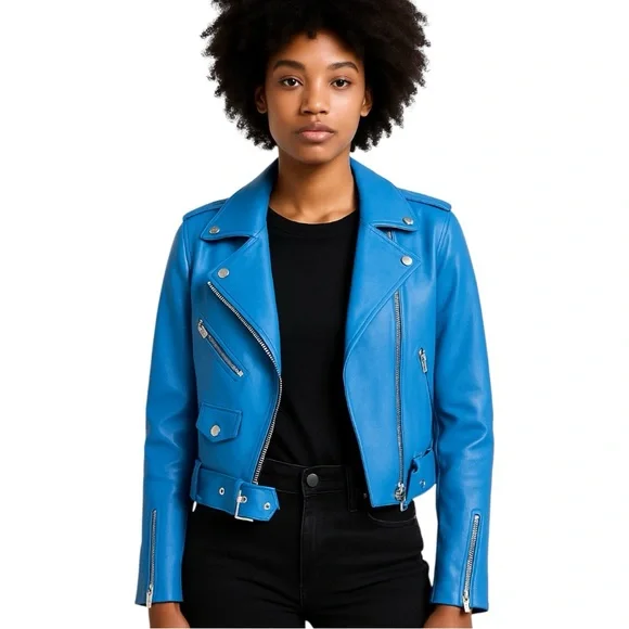 Zara | Jackets & Coats | Zara Faux Leather Blue Moto Jacket